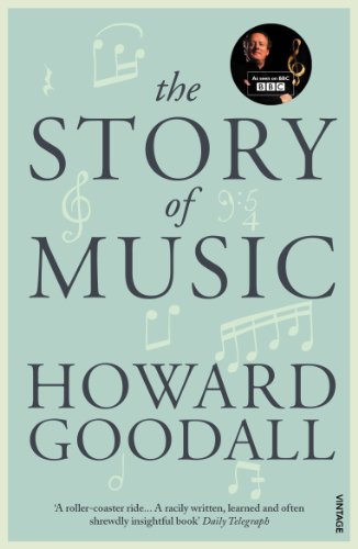 Book cover for "The Story of Music" by Howard Goodall, with musical notes.