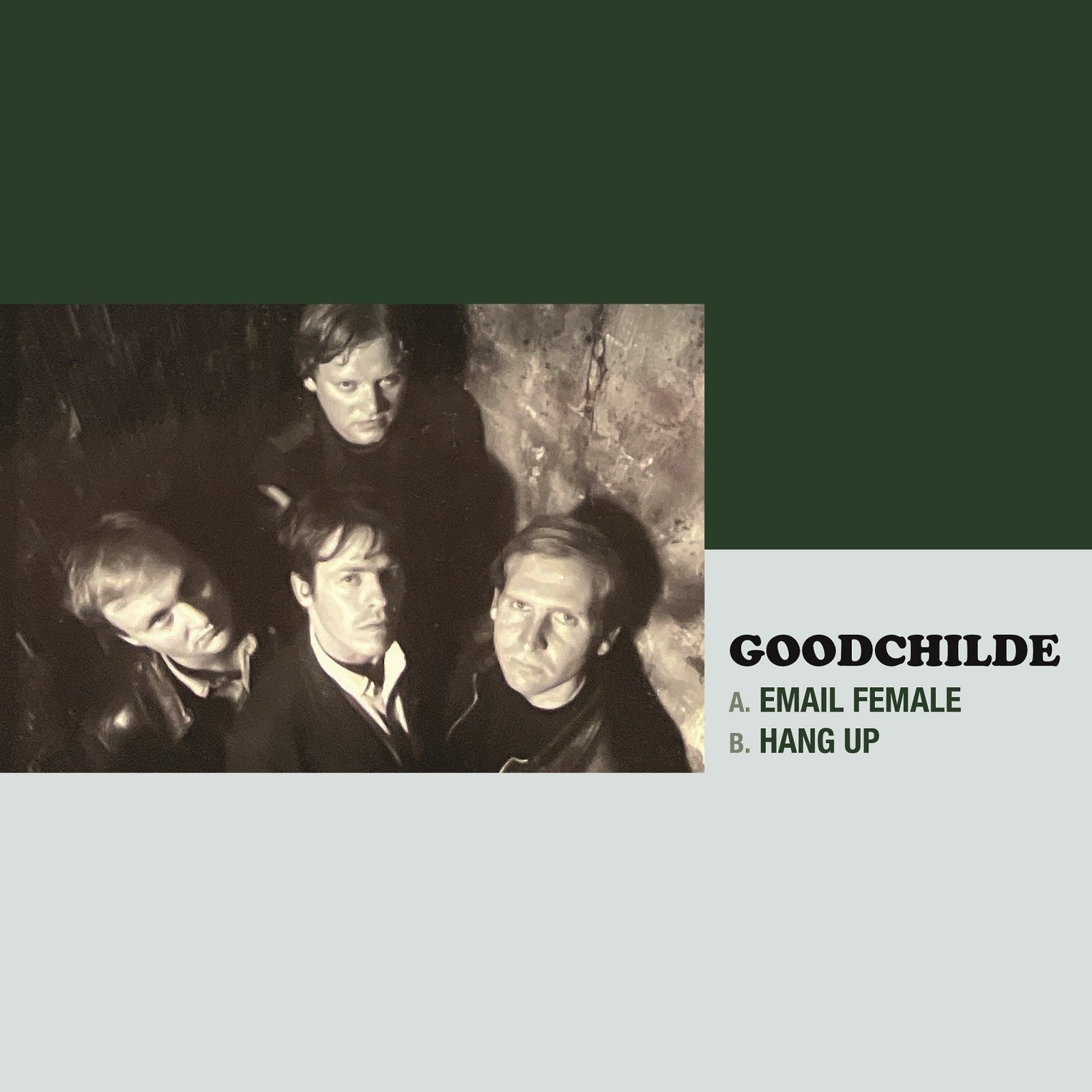 Black and white photo of four people, album cover for Goodchilde’s “Email Female”.