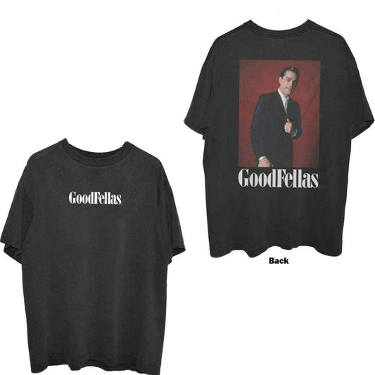 Black t-shirt with a back print depicting Henry Hill from GoodFellas.