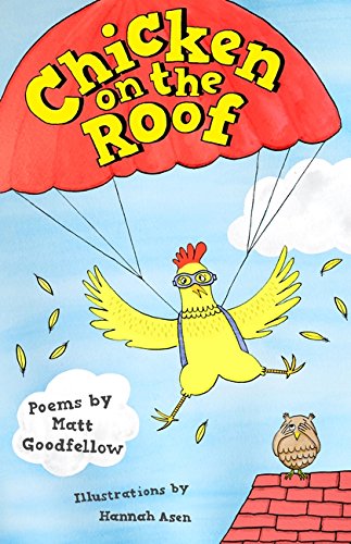 "Book cover showing a cartoon chicken parachuting down to an owl on a rooftop."