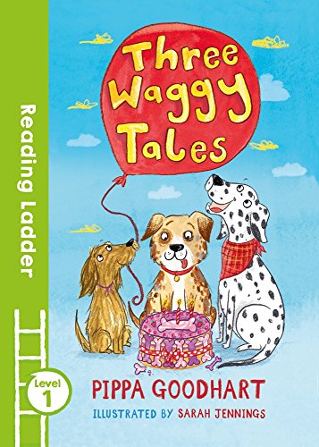 Book cover: "Three Waggy Tales" with illustration of three dogs and a cake.