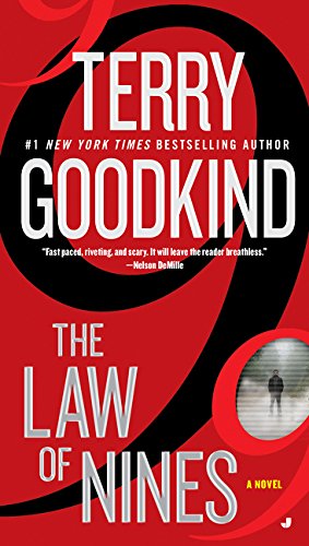 Book cover for The Law of Nines by Terry Goodkind with red and black graphics.