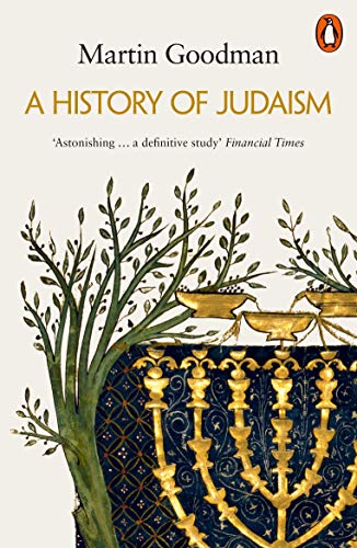 Book cover of "A History of Judaism" with menorah, olive branch, and ornate background.