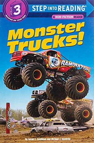 Book cover: red monster truck "Raminator" crushing cars, Step Into Reading level 3.