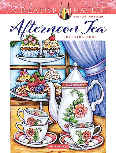 Coloring book cover featuring a teapot, teacups, and a tiered stand of cupcakes.