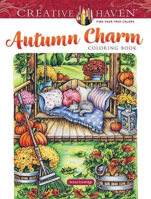 A coloring book cover showing a cat sleeping on a porch swing with pumpkins.