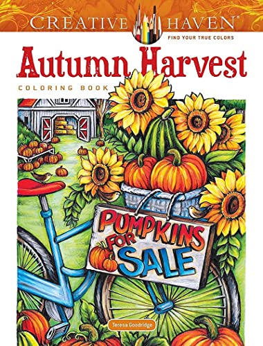 Coloring book cover featuring sunflowers, pumpkins, and a bicycle with a Pumpkins for Sale sign.