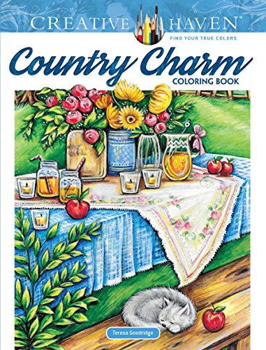 Cover of Creative Haven Country Charm coloring book featuring a table with flowers and drinks.