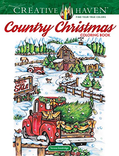 Winter scene with a red truck carrying a Christmas tree, snowy barn.