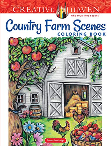 Coloring book cover featuring a farm scene with a barn, roosters, and apple trees.