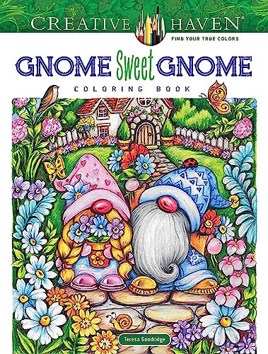 Coloring book cover featuring two gnomes in a floral garden scene.