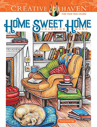 Coloring book cover featuring a cozy living room scene with an armchair and dog.