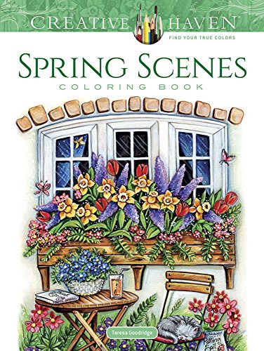 Coloring book cover featuring a window box with flowers, a table, and a cat.
