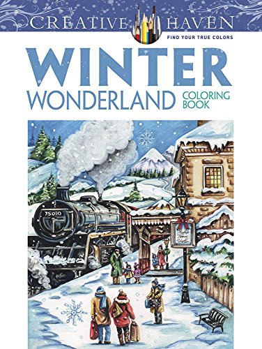 Coloring book cover depicting a snowy winter scene with a train and people.