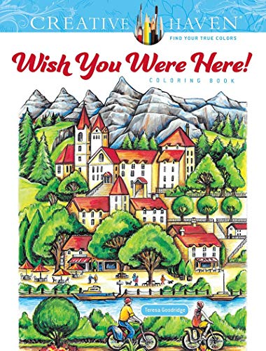 Coloring book cover depicting a European townscape with mountains and cyclists.