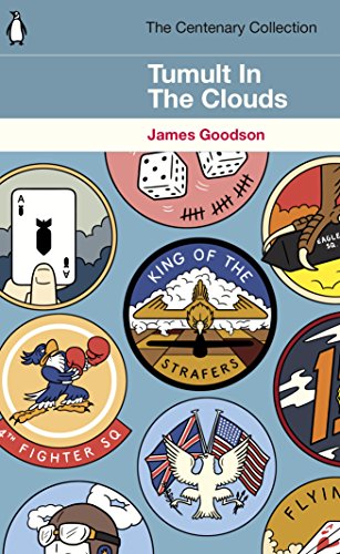 Book cover for Tumult in the Clouds featuring assorted military-style patches on blue background.