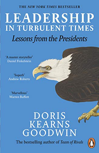 Book cover: "Leadership in Turbulent Times" with an eagle illustration.
