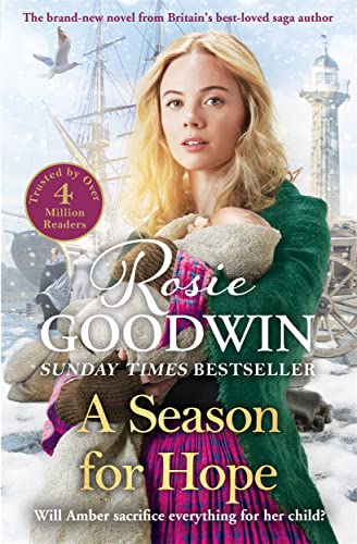 Book cover: woman holding a baby, ship and lighthouse background.