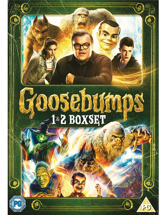 "Goosebumps 1 & 2 DVD boxset cover featuring characters and monsters in a green border."