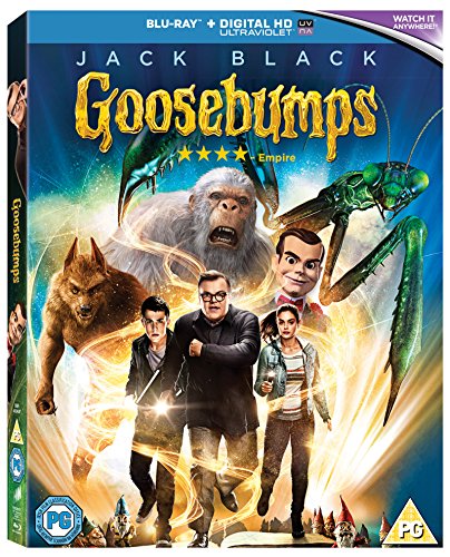 Blu-ray cover for Goosebumps featuring Jack Black, two teens, and various movie monsters.