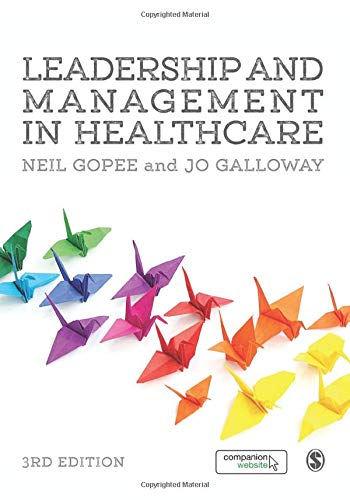 Book cover: "Leadership and Management in Healthcare" with origami birds.