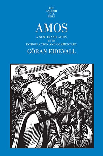 Book cover for “Amos” with illustration of a prophet blowing a shofar.