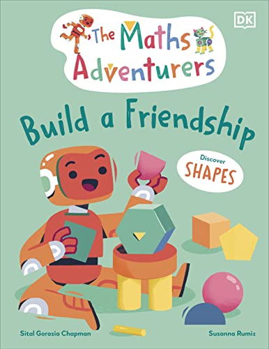 Book cover with robot and colorful geometric shapes, learning about shapes.