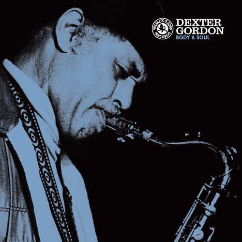 Blue-toned profile of Dexter Gordon playing a saxophone against a black background.