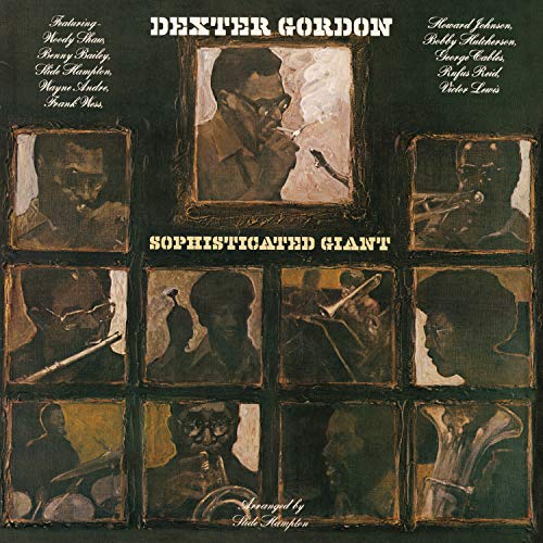 Dexter Gordon's "Sophisticated Giant" vinyl album cover featuring a collage of musician portraits.