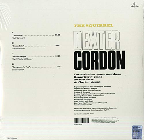 "Vinyl record cover featuring a black-and-white photo of a man playing saxophone."