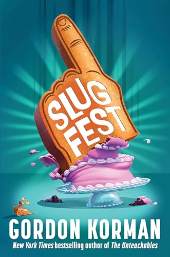 A giant foam finger crushes a pink frosted cake on a teal background.