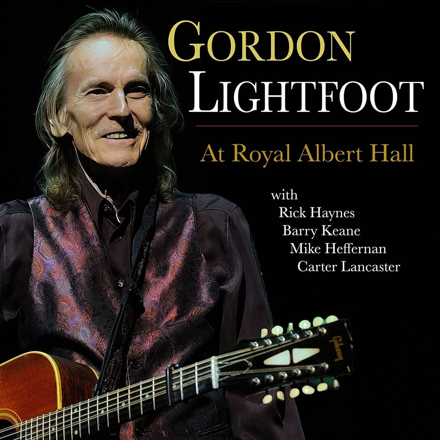 Gordon Lightfoot holding a guitar, smiling, on a black album cover.