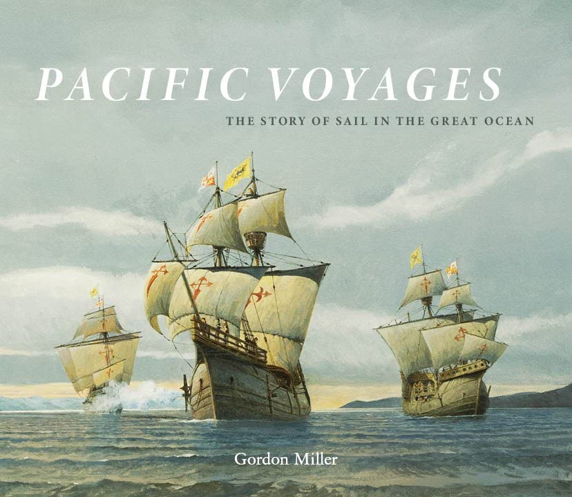Book cover: painting of sailing ships on a misty ocean, titled "Pacific Voyages".