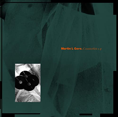 Vinyl record cover for Martin L. Gore’s “Counterfeit e.p.” in teal and orange.