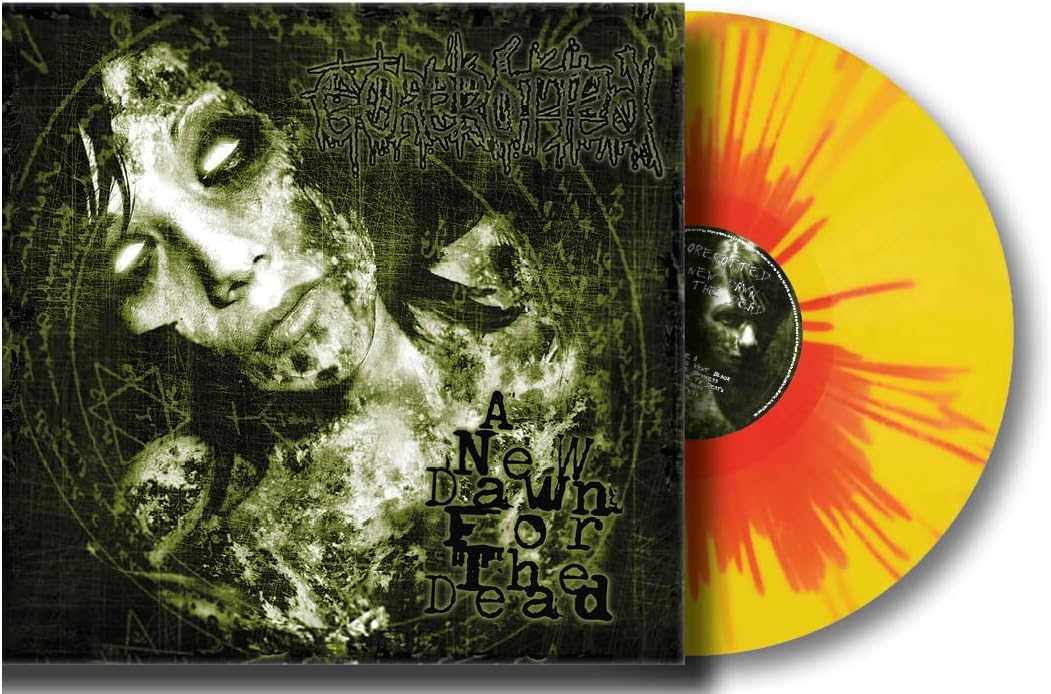 Gorerotted album cover and sunburst yellow/red vinyl record shown.