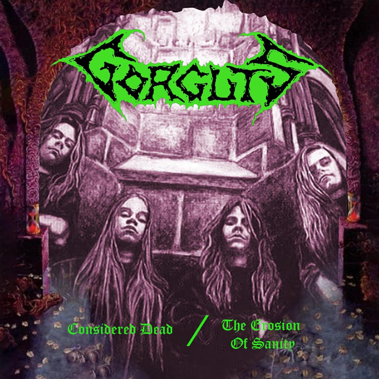 Album cover featuring four long-haired band members with a neon green Gorguts logo above.