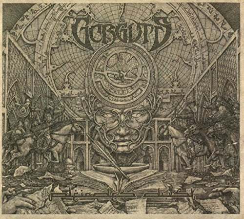 Intricate black and white illustration of a face with celestial imagery.