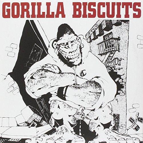 Black and white illustration of a gorilla in a sweatshirt, album cover.