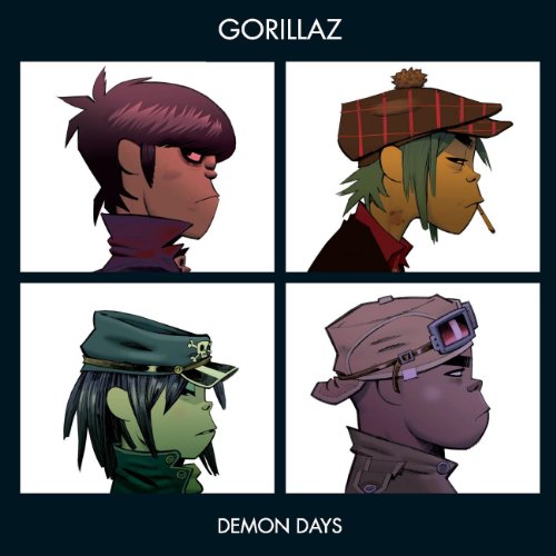 "Gorillaz album cover featuring four cartoon characters against a dark blue background."