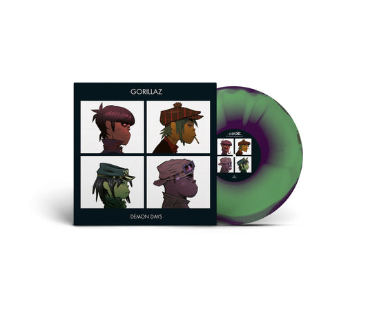 Gorillaz Demon Days vinyl record with illustrated cover and green disc.