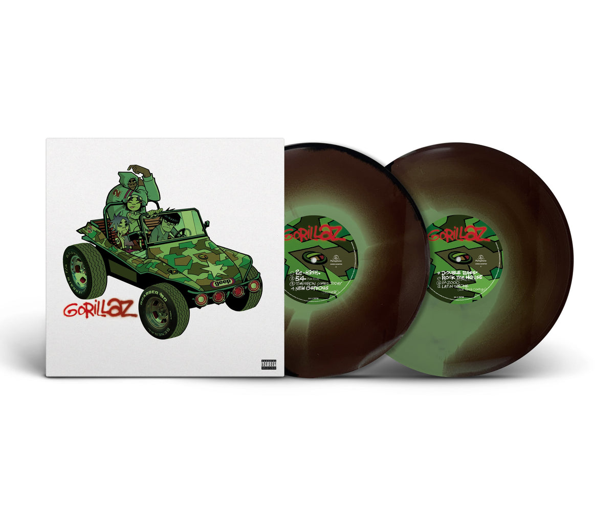Gorillaz double vinyl record with camouflage-themed cover and colored discs.