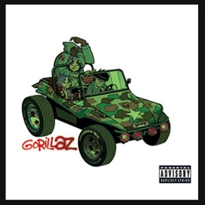 Animated band members sitting in a green camouflage dune buggy on white background.