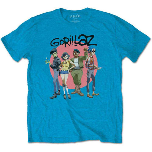 Light blue t-shirt with Gorillaz cartoon characters illustration.