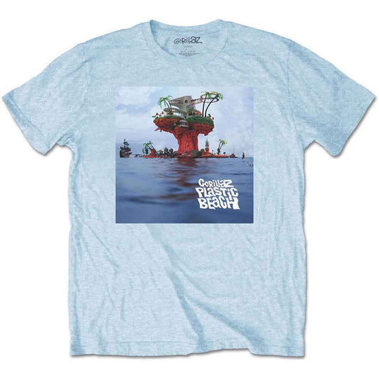 Man wearing a white t-shirt featuring the Plastic Beach album cover art.