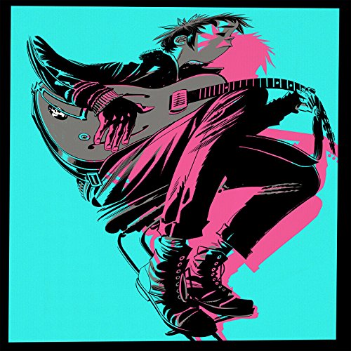 Illustration of 2-D from Gorillaz playing a teal electric guitar.