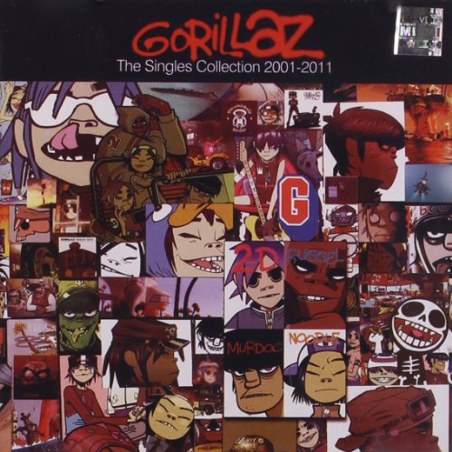 Collage of various Gorillaz cartoon character illustrations and album artwork on a black background.