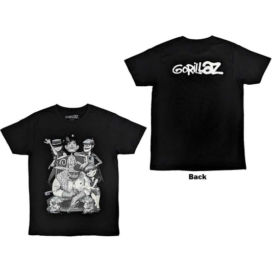 Black t-shirt with a large spray-painted image of Gorillaz character George on the back.