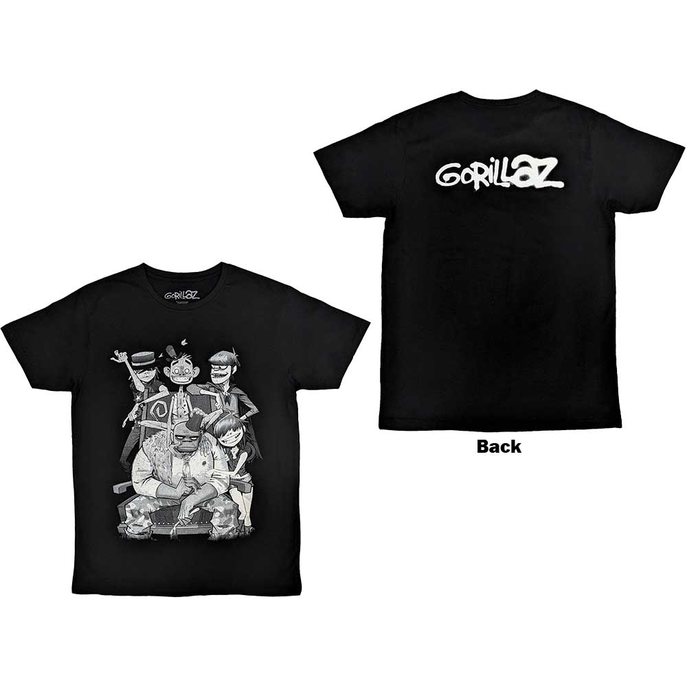 Black t-shirt with a large spray-painted image of Gorillaz character George on the back.