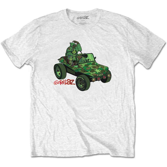 Man wearing a white t-shirt with a green Gorillaz jeep graphic.