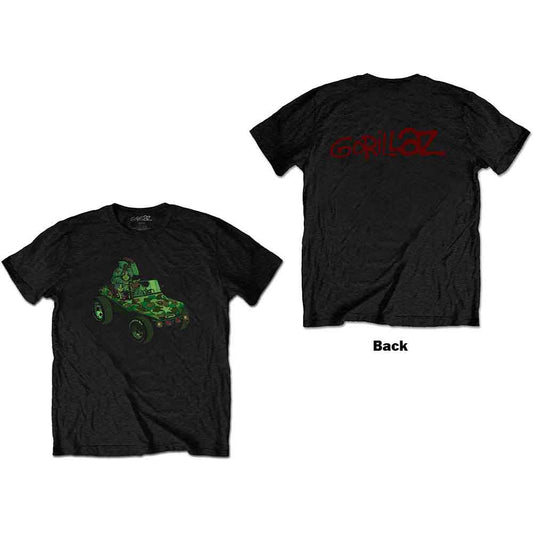 Black t-shirt with a green, camouflage-patterned vehicle graphic.